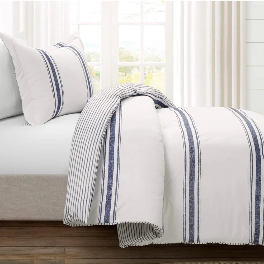 Lush Decor Farmhouse Stripe Reversible Cotton Comforter Set,2-Piece,Twin XL Navy